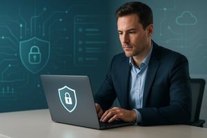 man in a suit using a secured laptop