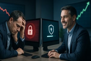 A business leader who has lost his data laments his loss, whilst his competitor restores his data with ease.