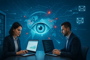 Staff working at laptops whilst being watched by the eye of Sauron - the XDR tool
