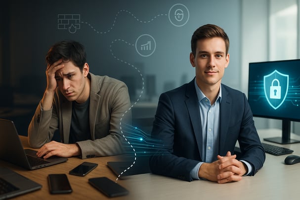 transformation image from stressed startup worker on the left to confident professional on the right.