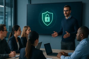 Staff undergoing cybersecurity training in a meeting room