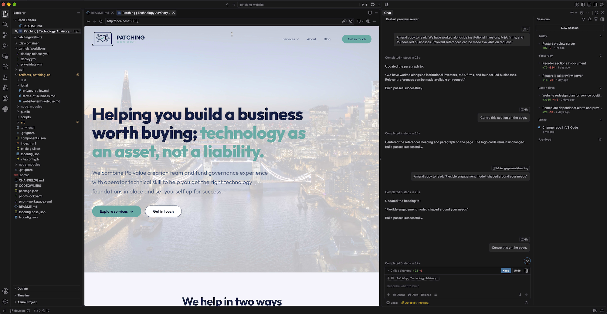 Visual Studio Code workspace showing the Patching website development workflow